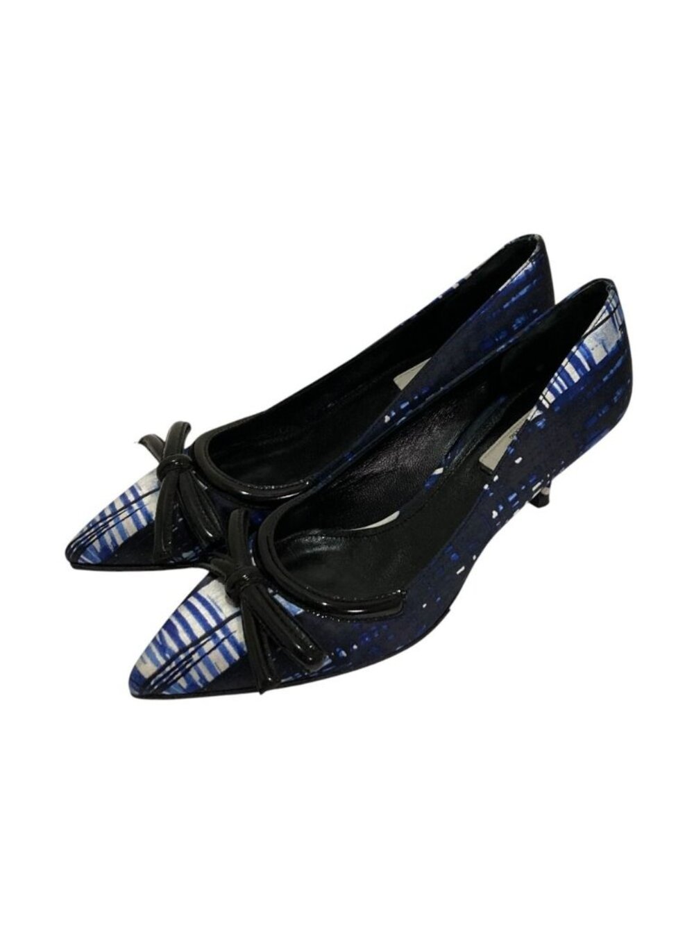 Prada Ribbon Motif Paint Pattern Satin Pointed Toe Pumps Blue Heels